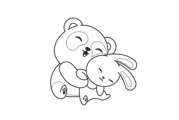 Charming Cute Panda Hugging Stuffed Bunny Line Art