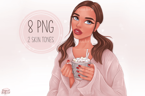 Fashion Girl with Cacao Cup: Cozy Clipart for Modern Design